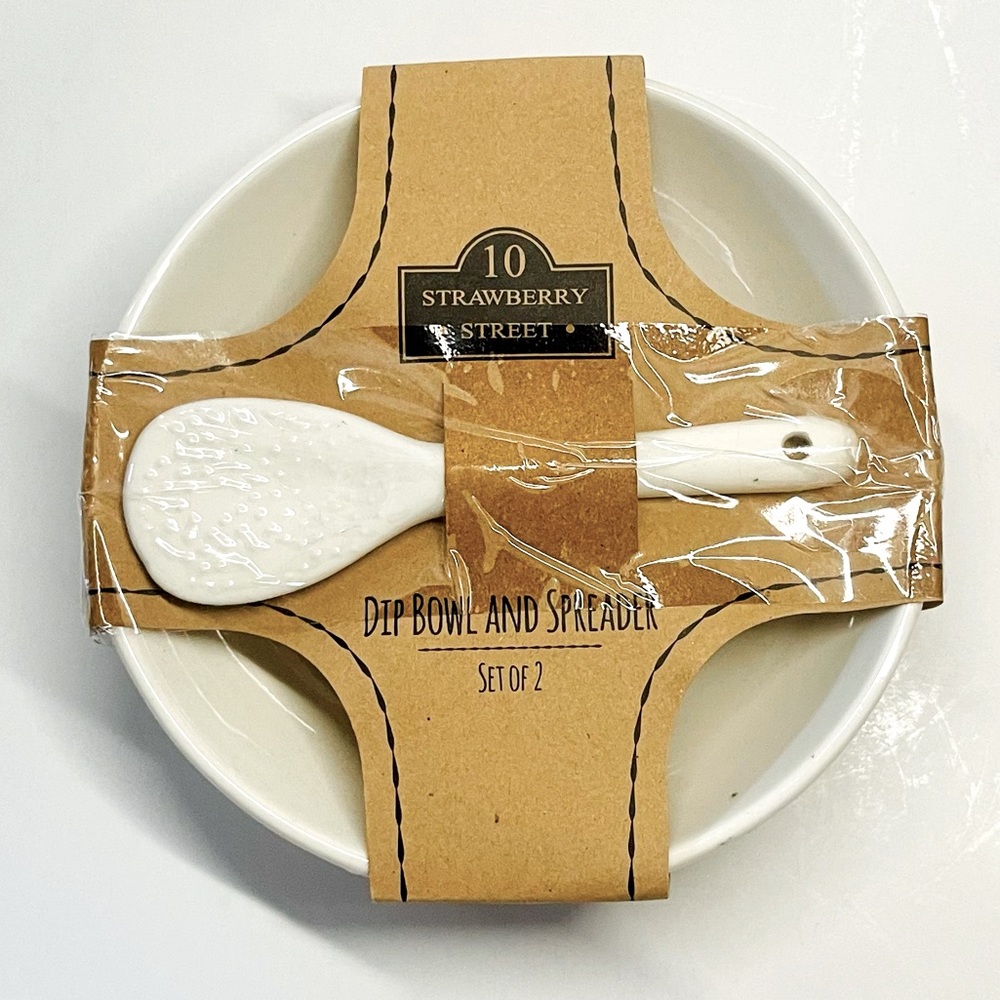 10 Strawberry Street 5 1/2" Dip Bowl & Spreader Ceramic White NWT